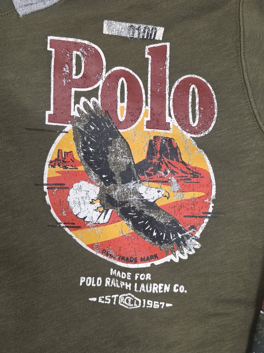 Mowhawk Lake Ralph Lauren Olive Hoodie with Gray Hood and Red Graphic - Picture 3 of 5